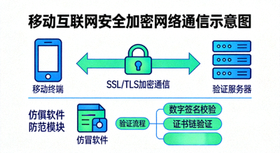 移动互联网安全加密网络通信示意图，防范仿冒假冒软件